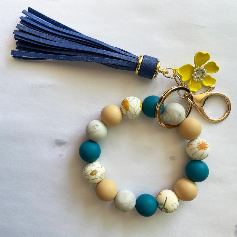 Boethesi Sunflower Silicone Beaded Keychain Wristlet Women,Wrists Bangel Key Chain Bracelet Leather Tassel,Beaded Wristlet - Image 3