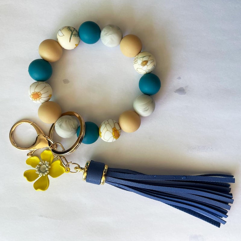 Boethesi Sunflower Silicone Beaded Keychain Wristlet Women,Wrists Bangel Key Chain Bracelet Leather Tassel,Beaded Wristlet - Image 5