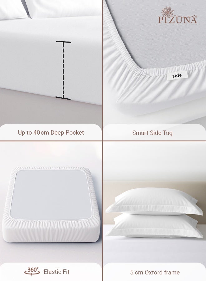 Pizuna Pure Combed Cotton Single Bed Fitted Sheet 90x200 cm, White, 400 Thread Count Cool Luxury Soft 100% Long Staple Cotton Sateen Weave, 40cm Deep Pocket Bedsheet with 1 Pillowcase (Fitted Sheet) - Image 4