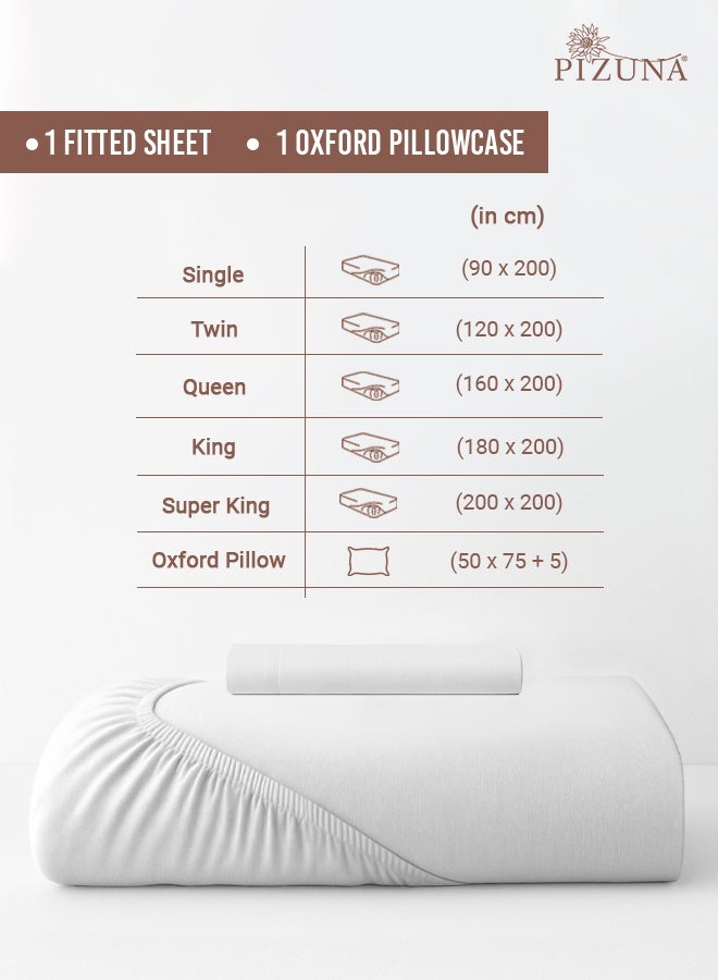 Pizuna Pure Combed Cotton Single Bed Fitted Sheet 90x200 cm, White, 400 Thread Count Cool Luxury Soft 100% Long Staple Cotton Sateen Weave, 40cm Deep Pocket Bedsheet with 1 Pillowcase (Fitted Sheet) - Image 3