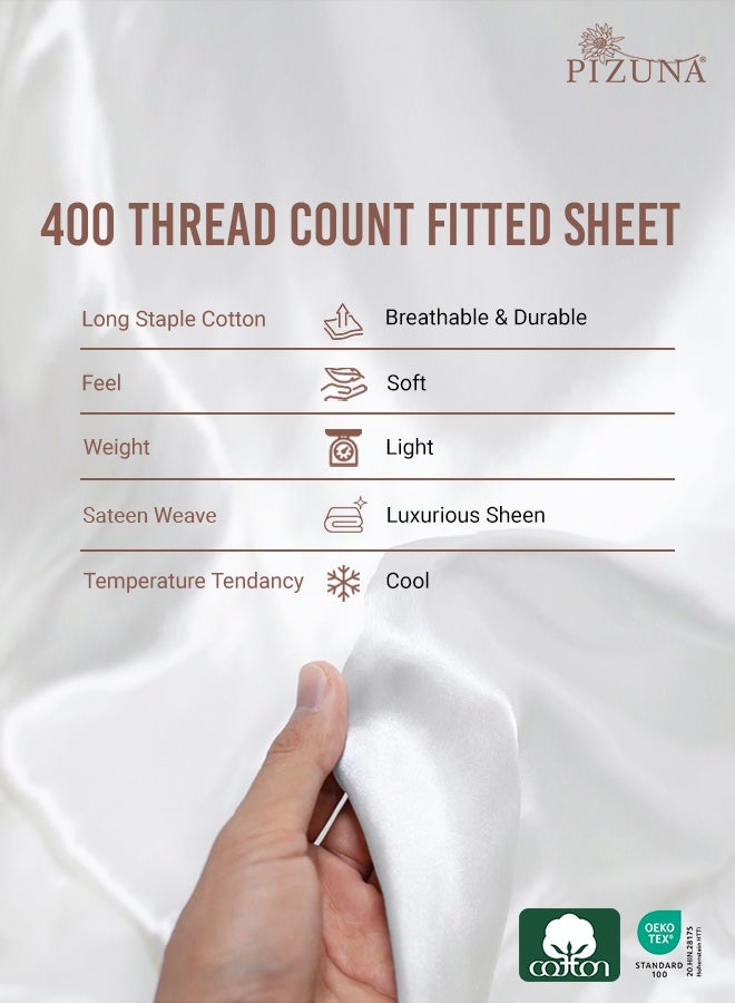 Pizuna Pure Combed Cotton Single Bed Fitted Sheet 90x200 cm, White, 400 Thread Count Cool Luxury Soft 100% Long Staple Cotton Sateen Weave, 40cm Deep Pocket Bedsheet with 1 Pillowcase (Fitted Sheet) - Image 5
