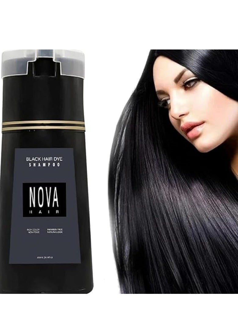 Nova Hair Dye Shampoo, Nova Hair Hair Dye Shampoo 3 in 1, Nova Hair Instant Dye Shampoo, Hair Color for Gray Hair Coverage, Long Lasting Hair Color Shampoo for Women  Men 200ml (Black) - Image 1