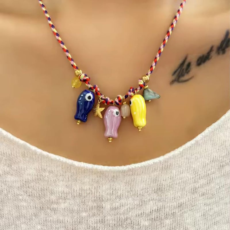 Dhdfisd Starfish Fish Necklace Boho Beachy Hawaiian Colorful Summer Beach Coastal Choker Necklace for Women Men (Starfish fish) - Image 2