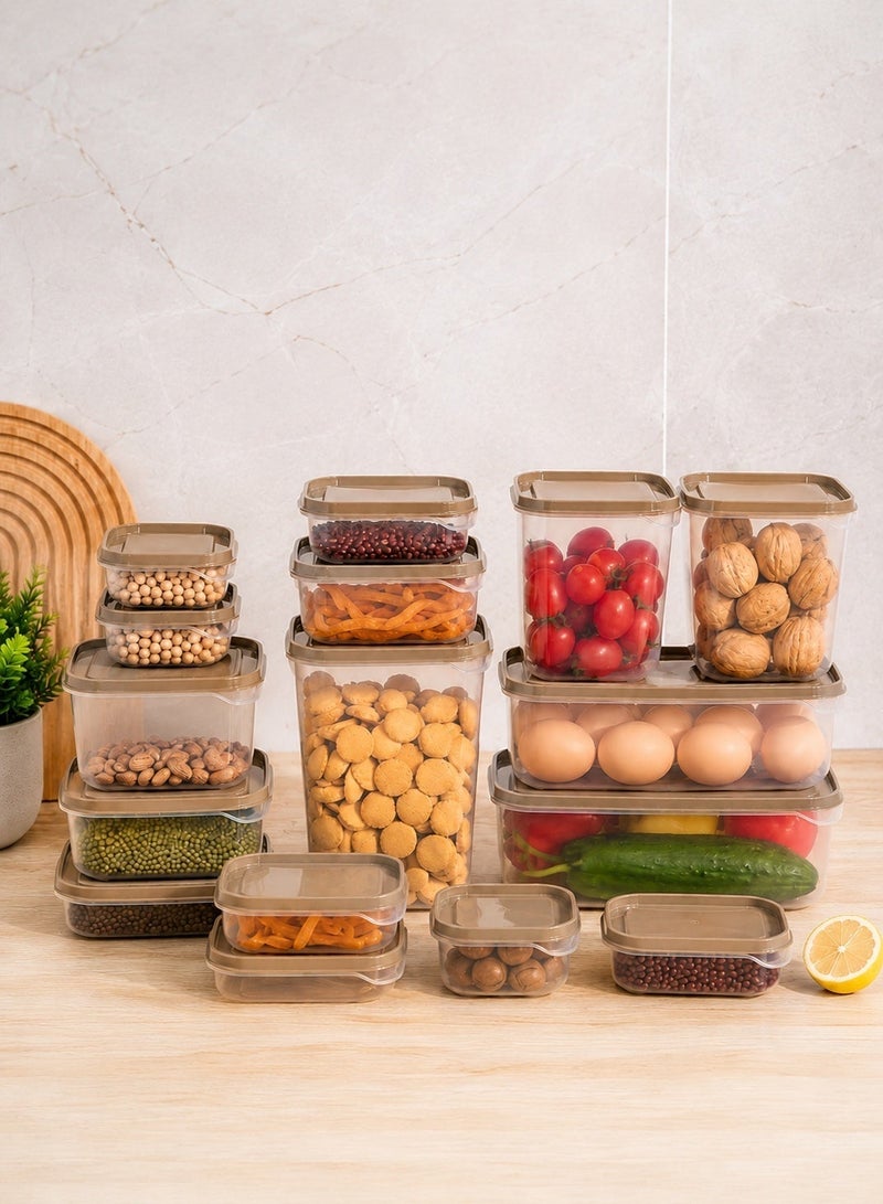 rayze This 17-piece food storage container set features clear plastic storage boxes with camel-colored sealing lids. Suitable for kitchen and refrigerator storage, these containers come in various sizes and are ideal for storing fruits, vegetables, snacks, and grains. - Image 1