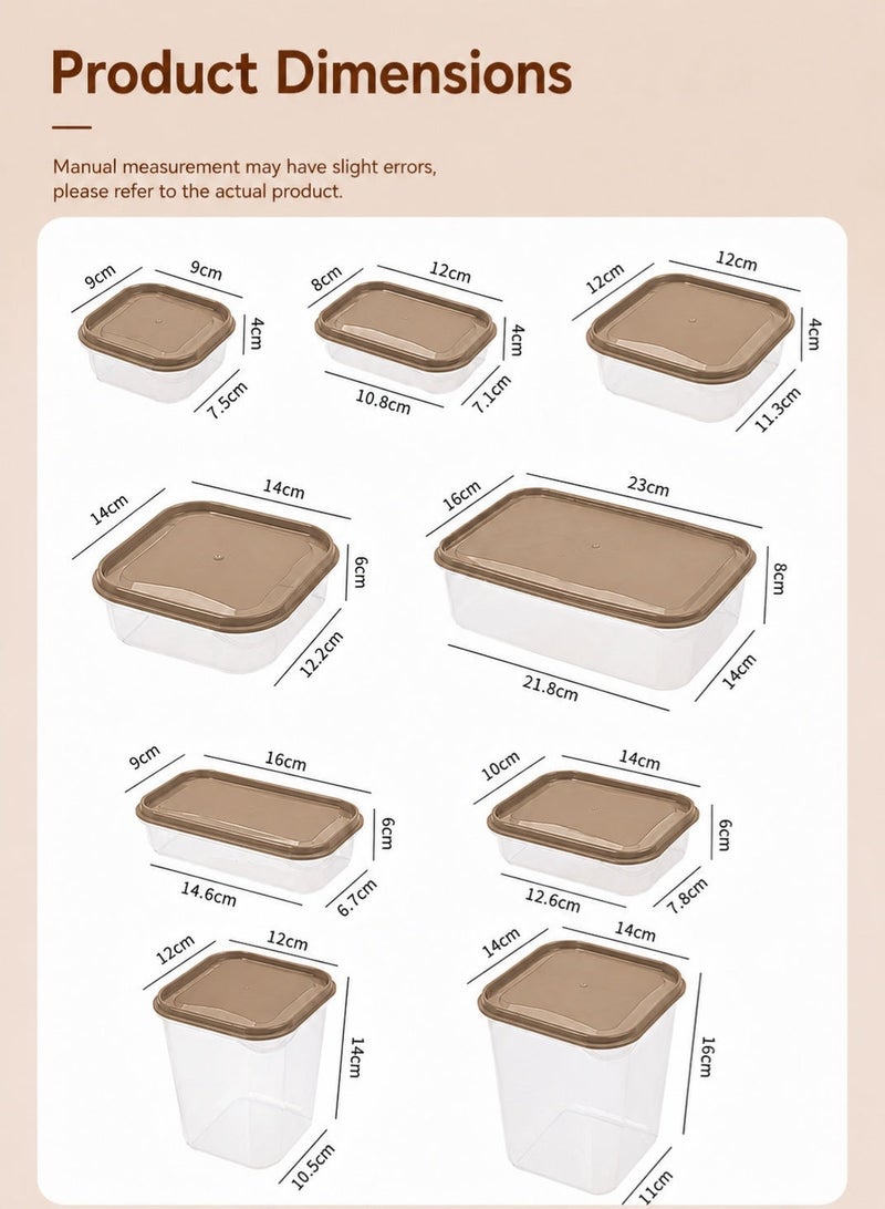rayze This 17-piece food storage container set features clear plastic storage boxes with camel-colored sealing lids. Suitable for kitchen and refrigerator storage, these containers come in various sizes and are ideal for storing fruits, vegetables, snacks, and grains. - Image 4
