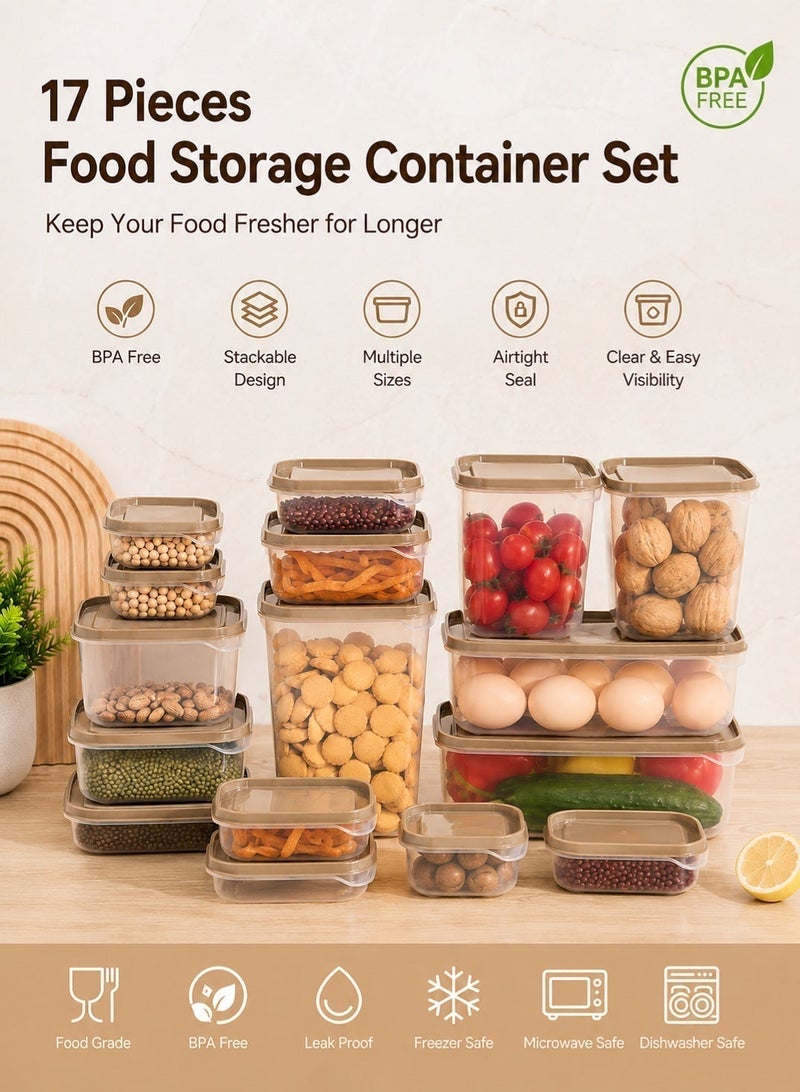 rayze This 17-piece food storage container set features clear plastic storage boxes with camel-colored sealing lids. Suitable for kitchen and refrigerator storage, these containers come in various sizes and are ideal for storing fruits, vegetables, snacks, and grains. - Image 2