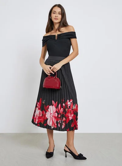 Styli Black Floral Print Pleated Midi Skirt