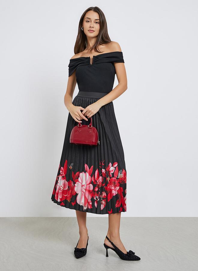 Styli Black Floral Print Pleated Midi Skirt - Image 1
