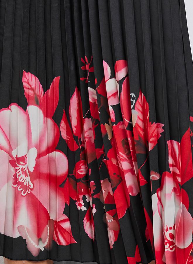 Styli Black Floral Print Pleated Midi Skirt - Image 3