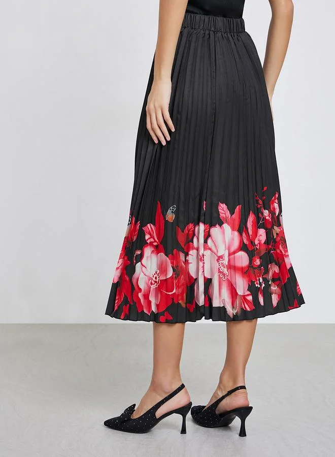 Styli Black Floral Print Pleated Midi Skirt