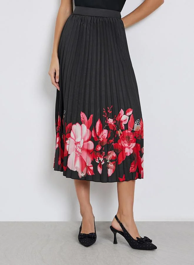Styli Black Floral Print Pleated Midi Skirt