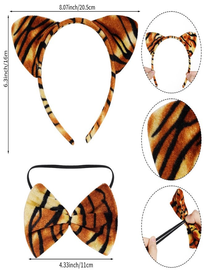 obmwang 3 Pieces Tiger Costume Set Tiger Ears Headband Bow tie and Tail Animal Tiger Accessories for Halloween Dress Up Party - Image 2