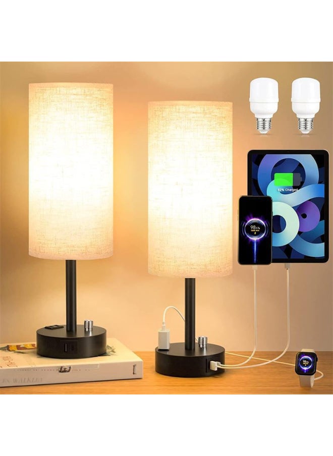 Generic - American Style Small Table Lamp Rotary Switch Dimmable Round Fabric Table Lamp Usbc Port Socket-Light Source Power:American Standard + Special Dimming Bulb-Light Color:White - Image 1