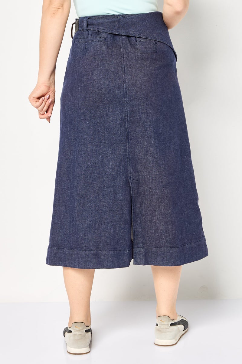 Raw Denim Society Women Regular Length Washed Denim Maxi Skirt With Belt, Navy - Image 4