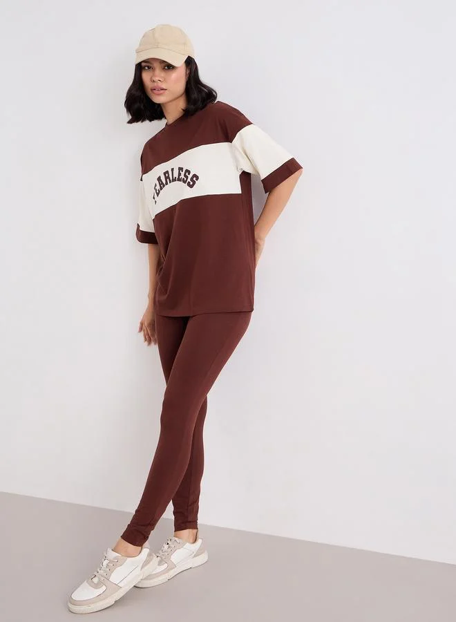 Styli Women Brown Color Block Oversized T-Shirt and Leggings Set
