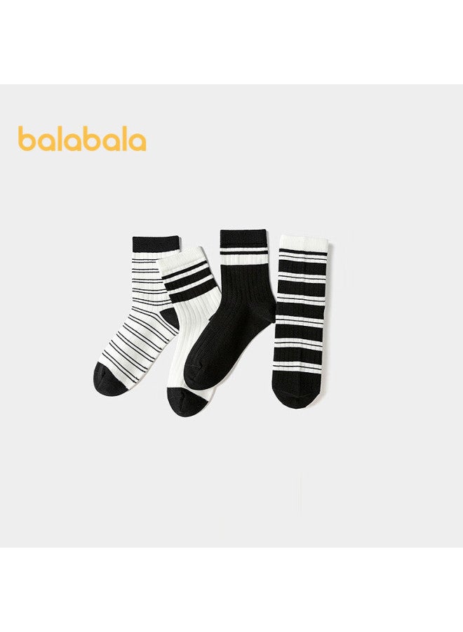 Balabala Socks, Boys' Mid-calf Socks, Girls' Student Socks, Striped Preppy Style, High Elasticity, Non-binding, Four Pairs Pack, 209925172210 - Image 1