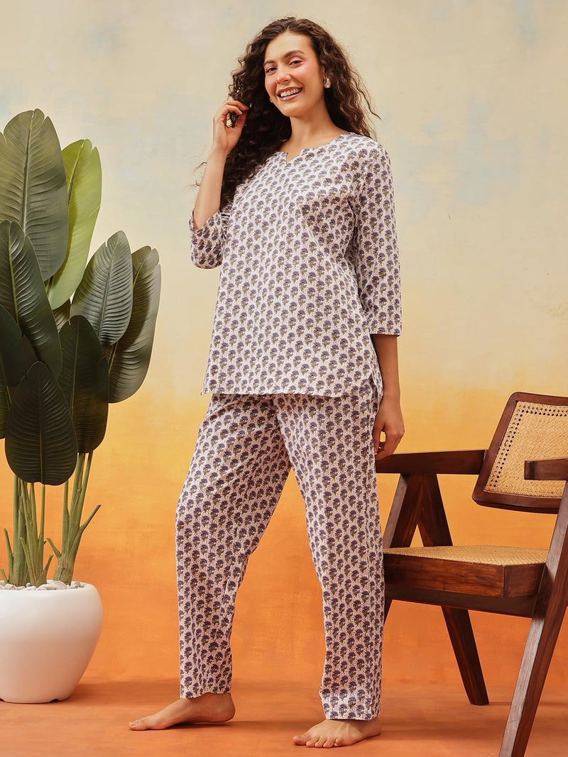 Clovia Women's Cotton Pretty Florals Top & Pyjama (LS0514P08_Blue & White_L) - Image 2