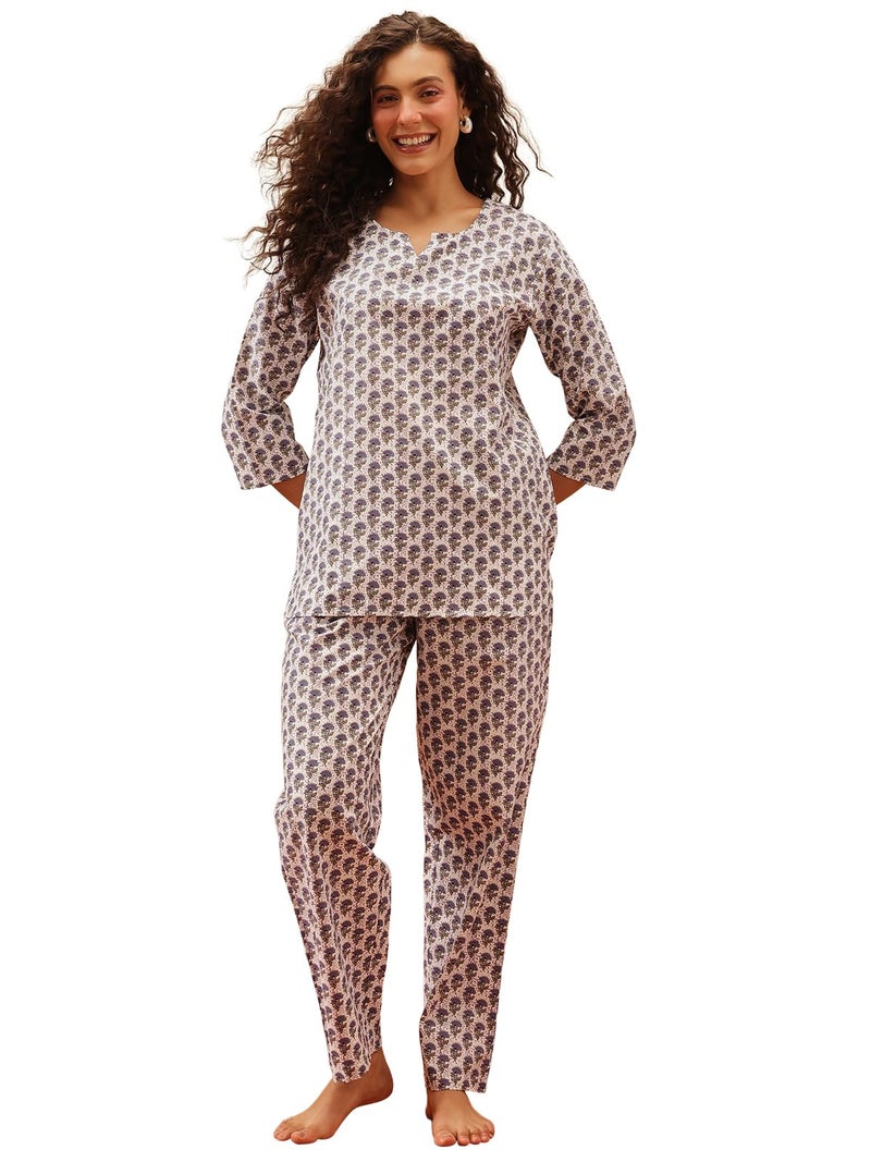 Clovia Women's Cotton Pretty Florals Top & Pyjama (LS0514P08_Blue & White_L) - Image 1