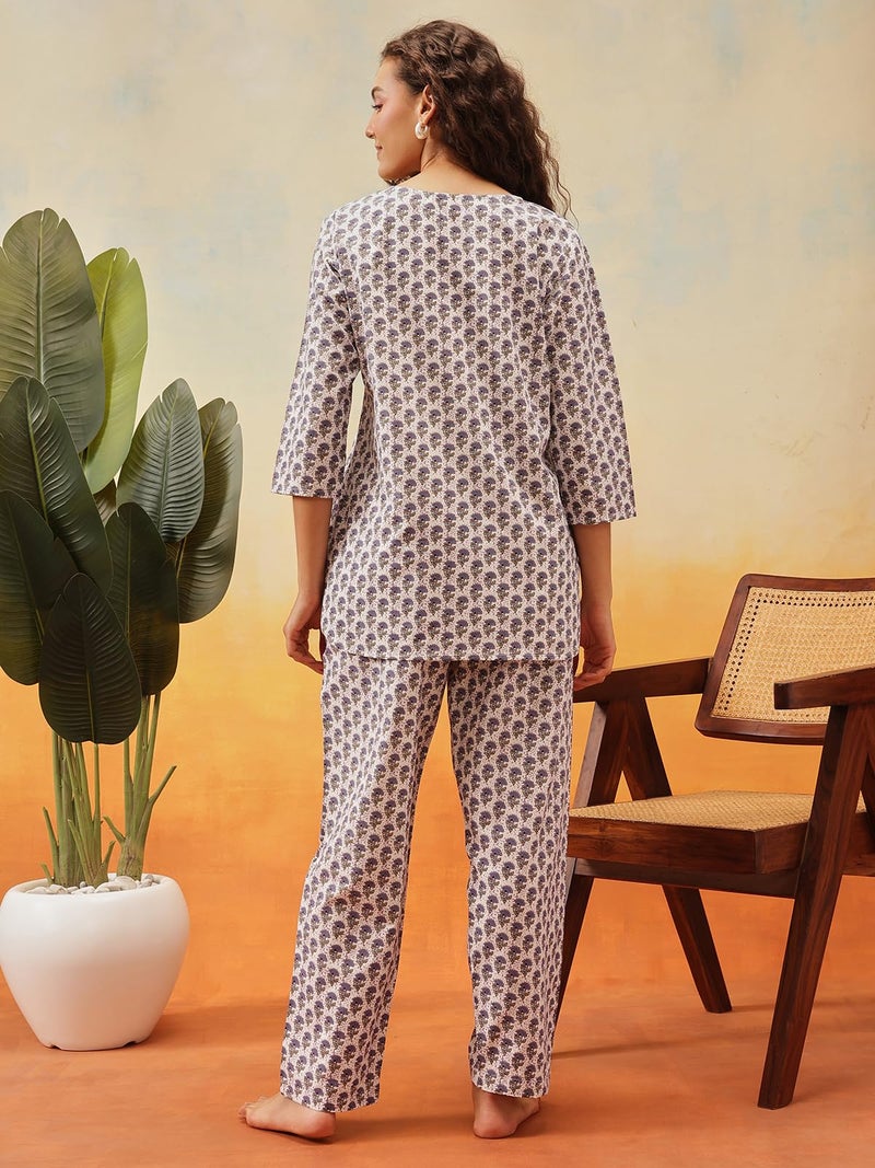 Clovia Women's Cotton Pretty Florals Top & Pyjama (LS0514P08_Blue & White_L) - Image 3
