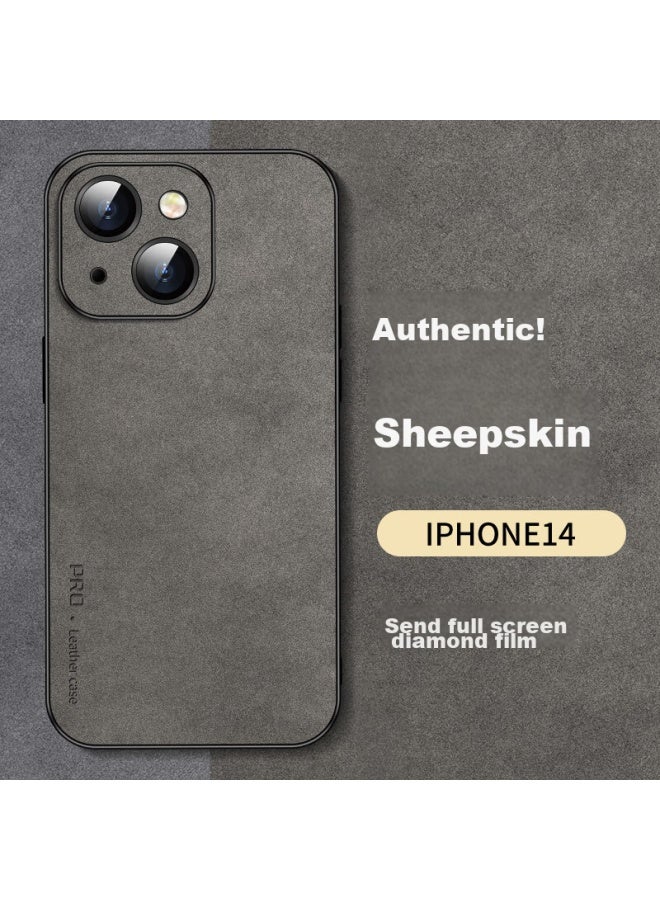Shangsu Iphone 14 Case, Apple 14 Protective Cover, Shockproof, Full Lens Protection, Soft Shell, Simple Luxury, Lambskin Silicone, Fourteenth Outer Case, Women's And Men's Leather Cover, Gray - Image 1