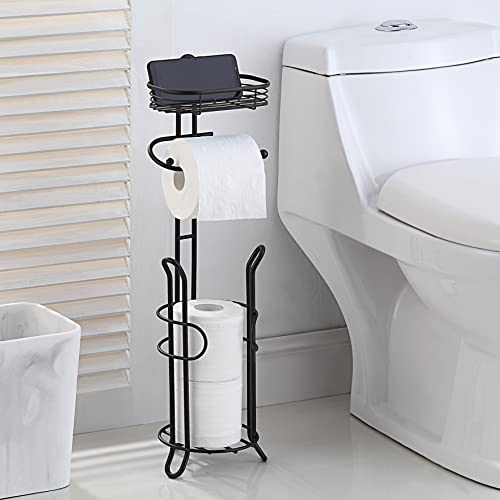 SunnyPoint Bathroom Heavyweight Toilet Tissue Paper Roll Storage Holder Stand with Reserve and Shelve, The Reserve Area Has Enough Space to Store Mega Rolls. (Black) - Image 3