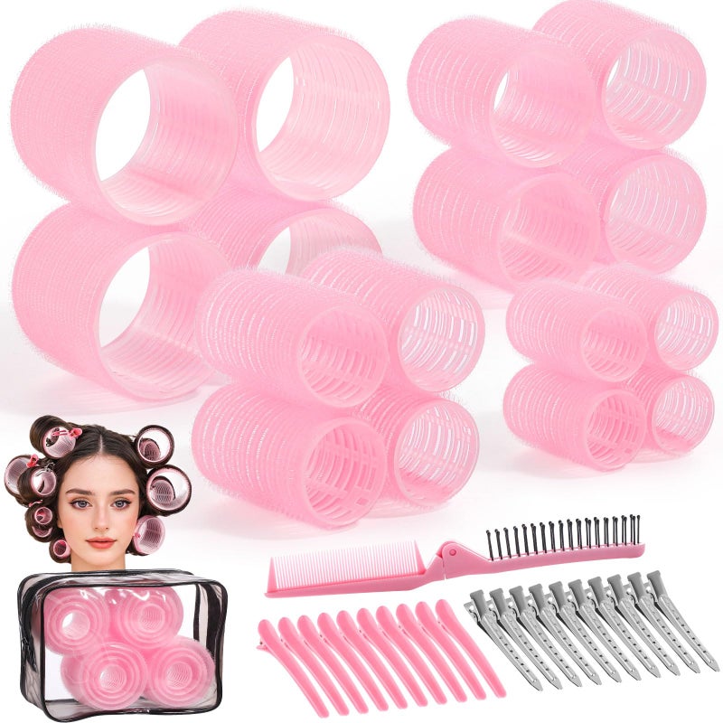 Obeoby 4 Sizes Rollers Hair Curlers for Women, 38 Pcs Set Hair Rollers Heatless 25mm 36mm 48mm 60mm Self Grip Hair Rollers with Clips, Curlers for Long Short Thick Thin Hair Bangs, Pink - Image 1