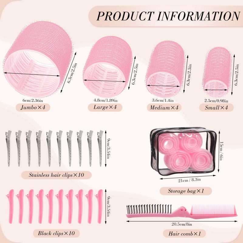 Obeoby 4 Sizes Rollers Hair Curlers for Women, 38 Pcs Set Hair Rollers Heatless 25mm 36mm 48mm 60mm Self Grip Hair Rollers with Clips, Curlers for Long Short Thick Thin Hair Bangs, Pink - Image 2