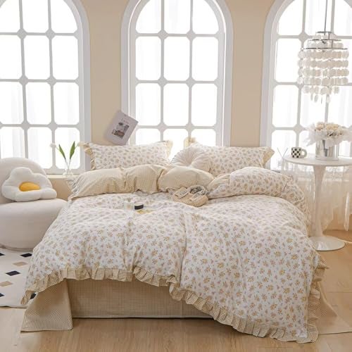 MKXI Full Size Pink Yellow Floral Ruffled Comforter Set 3 Piece Cottagecore Style Reversible Bed Set with Beige Plaid Pattern Soft Aesthetic Bedding Set for Girls Wome - Image 3