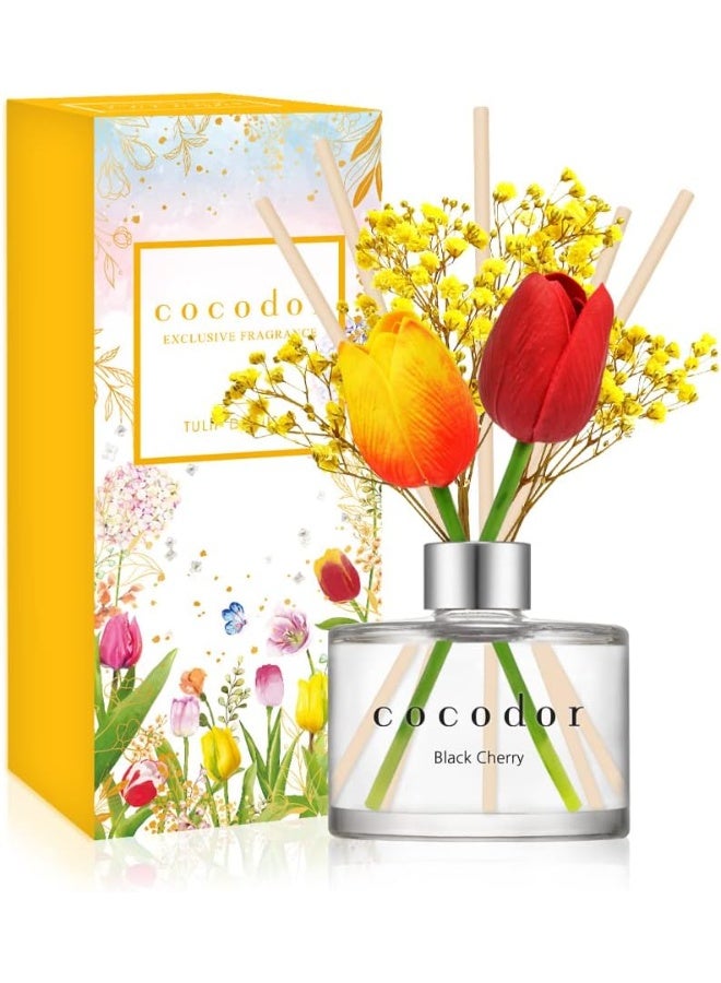cocodor موزع عطر قصب زهور التوليب والزهور الحقيقية المحفوظة / الكرز الأسود / 6.7 أونصة (200 مل) / عبوة واحدة، هدية عيد ميلاد، هدية زفاف، ديكور المنزل والمكتب، مجموعة هدايا زيت العلاج العطري - Image 1