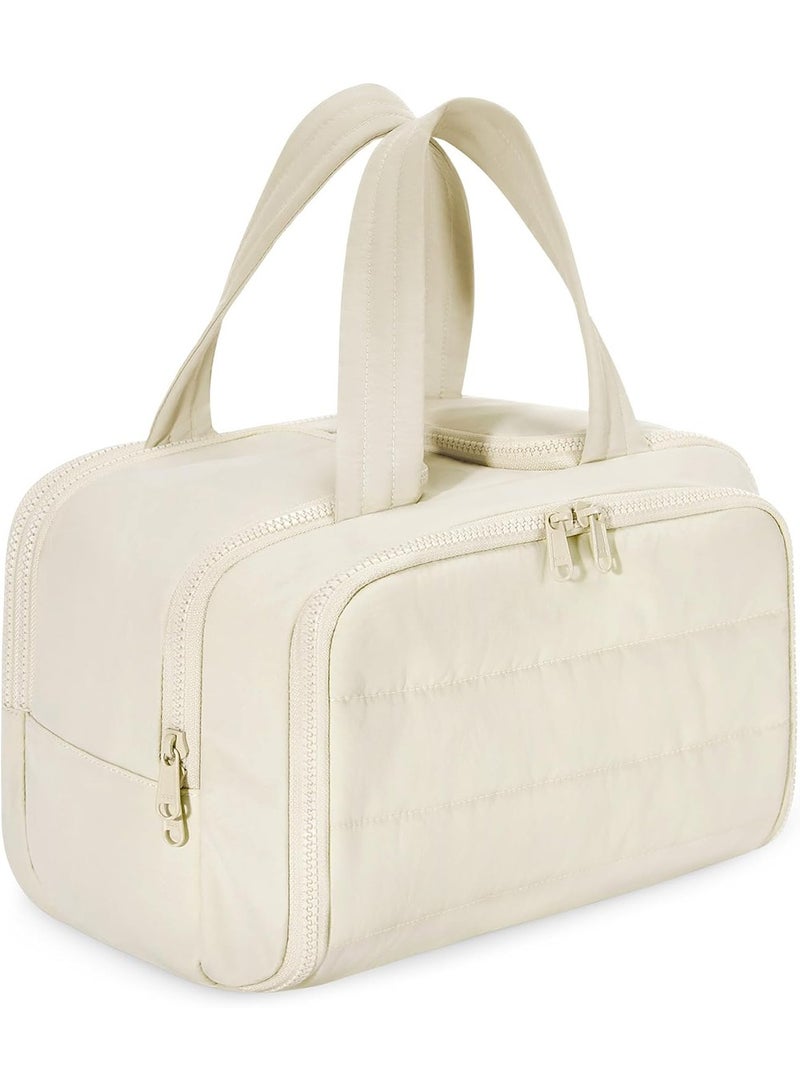 لينند حقيبة أدوات الزينة للسفر، حقيبة سفر خفيفة الوزن كبيرة الحجم مفتوحة على مصراعيها للنساء، منظم حقيبة مكياج منتفخ مع مقبض للإكسسوارات والمستلزمات الأساسية وأدوات الزينة، لون بيج - Image 1