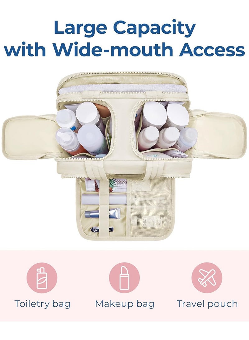 لينند حقيبة أدوات الزينة للسفر، حقيبة سفر خفيفة الوزن كبيرة الحجم مفتوحة على مصراعيها للنساء، منظم حقيبة مكياج منتفخ مع مقبض للإكسسوارات والمستلزمات الأساسية وأدوات الزينة، لون بيج - Image 2