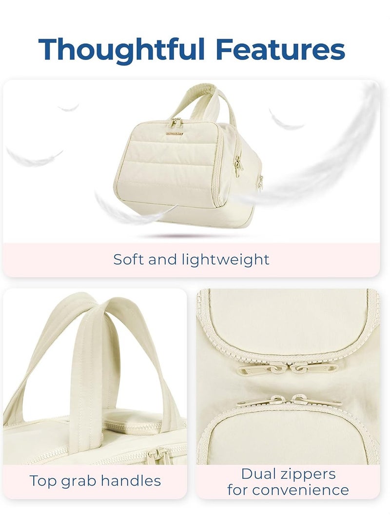 لينند حقيبة أدوات الزينة للسفر، حقيبة سفر خفيفة الوزن كبيرة الحجم مفتوحة على مصراعيها للنساء، منظم حقيبة مكياج منتفخ مع مقبض للإكسسوارات والمستلزمات الأساسية وأدوات الزينة، لون بيج - Image 3