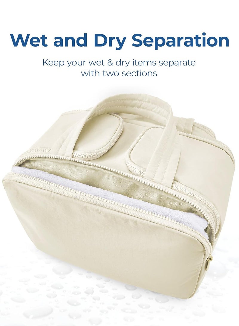 لينند حقيبة أدوات الزينة للسفر، حقيبة سفر خفيفة الوزن كبيرة الحجم مفتوحة على مصراعيها للنساء، منظم حقيبة مكياج منتفخ مع مقبض للإكسسوارات والمستلزمات الأساسية وأدوات الزينة، لون بيج - Image 4