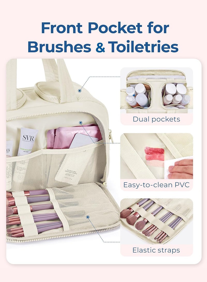 لينند حقيبة أدوات الزينة للسفر، حقيبة سفر خفيفة الوزن كبيرة الحجم مفتوحة على مصراعيها للنساء، منظم حقيبة مكياج منتفخ مع مقبض للإكسسوارات والمستلزمات الأساسية وأدوات الزينة، لون بيج - Image 5