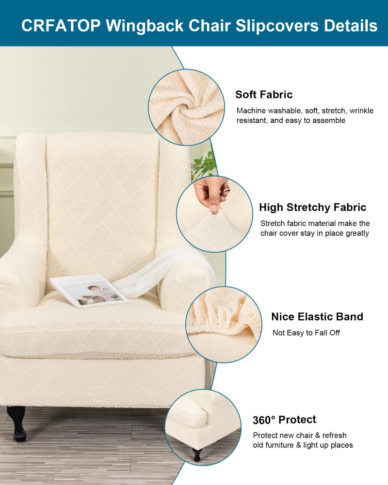 CRFATOP 2 Piece Stretch Wingback Chair Cover Jacquard Wing Chair Slipcovers Spandex Fabric Wingback Armchair Covers with Elastic Bottom for Living Room Bedroom Wingback Chair,C27 - Image 3