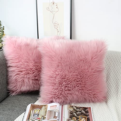 OYIMUA Blush Pink 16 x 16 Cushion Covers Pack of 2 Fluffy Soft Faux Fur Square Pillowcases Luxury Home Decorative Fuzzy Pillow Covers Case 40cm x 40cm for Sofa Bed Living Room
