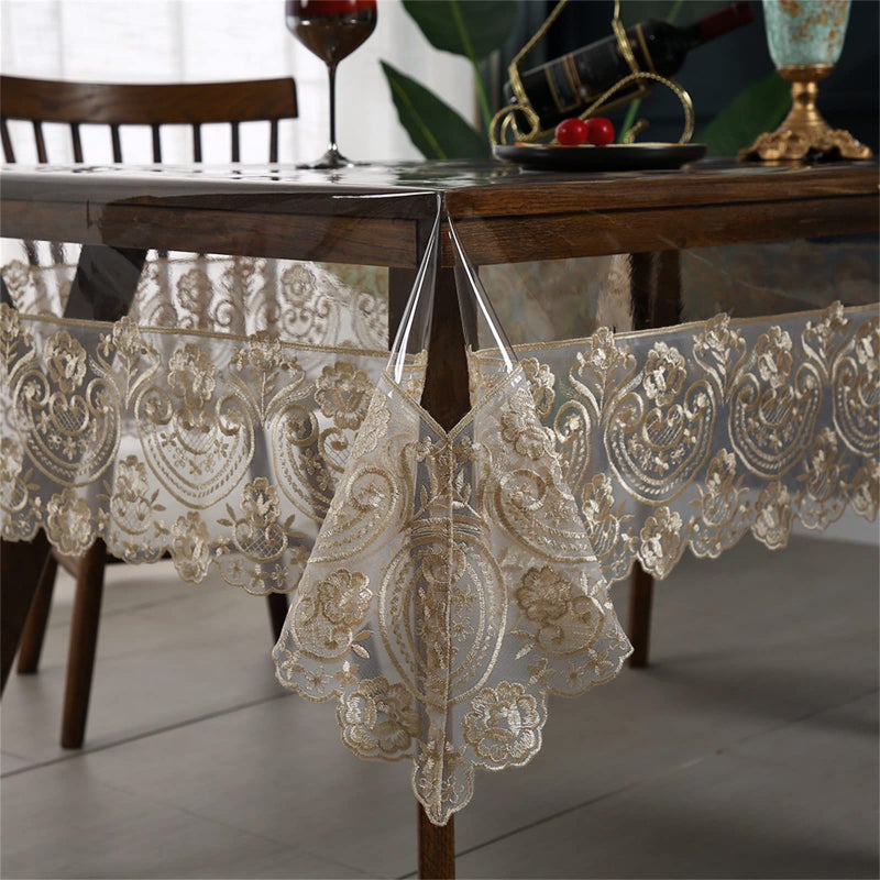 Clear Plastic Waterproof Tablecloth Vinyl PVC Rectangle Table Cloth with Lace Macrame Oil Spill Proof Table Cover for Dining Tables Parties and Holidays Champagne 60 x 86 Inch