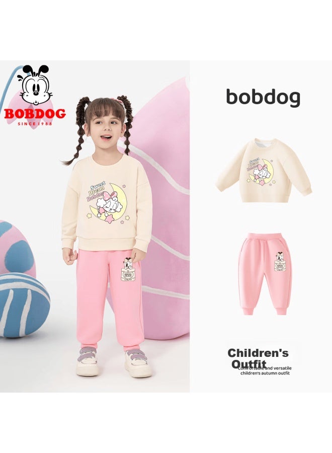 Bobdog Kids Spring Outfit Baby Clothes Boys Cartoon Crewneck Sweatshirt Girls Spring Wear Rice+pink 110
