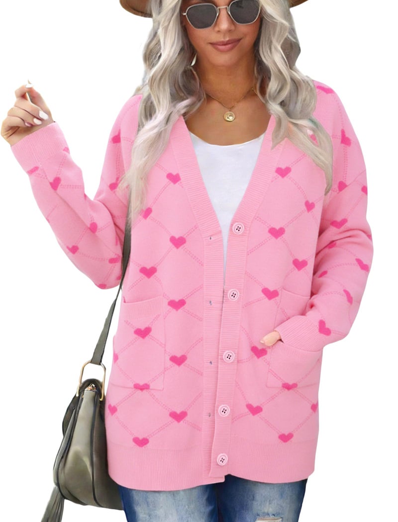 LUKYCILD Valentine Cardigan Sweaters for Women Button Down Sweater with Pockets Cute Heart Print Open Front Knit Cardigan Funny Love Sweater Coat Pink - Image 1