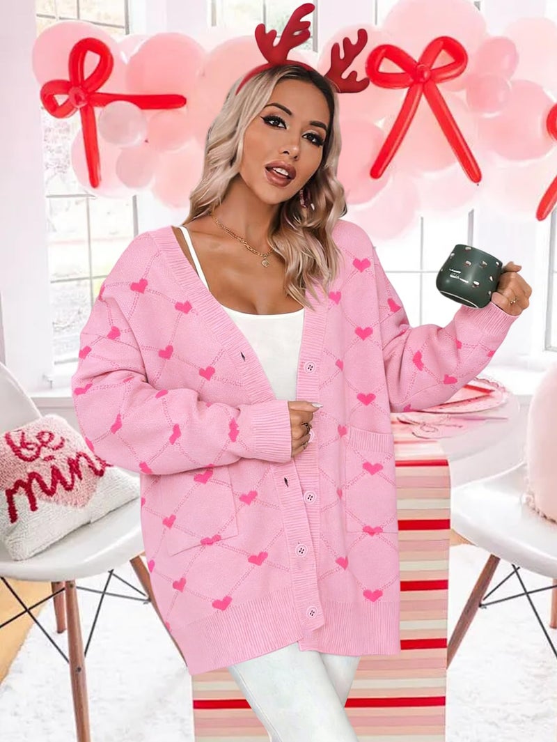 LUKYCILD Valentine Cardigan Sweaters for Women Button Down Sweater with Pockets Cute Heart Print Open Front Knit Cardigan Funny Love Sweater Coat Pink - Image 4