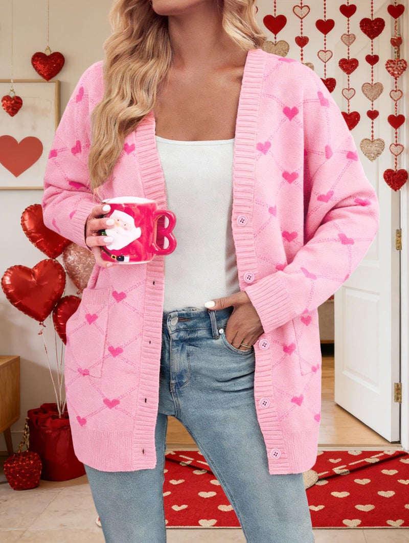 LUKYCILD Valentine Cardigan Sweaters for Women Button Down Sweater with Pockets Cute Heart Print Open Front Knit Cardigan Funny Love Sweater Coat Pink - Image 2