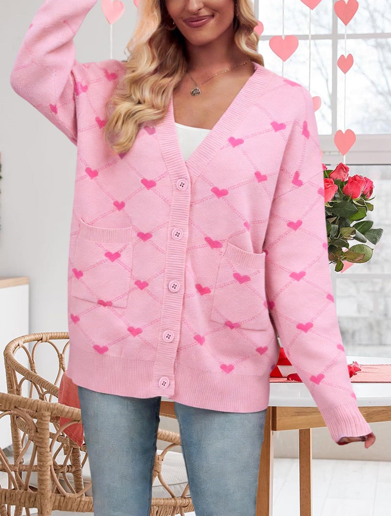 LUKYCILD Valentine Cardigan Sweaters for Women Button Down Sweater with Pockets Cute Heart Print Open Front Knit Cardigan Funny Love Sweater Coat Pink - Image 3