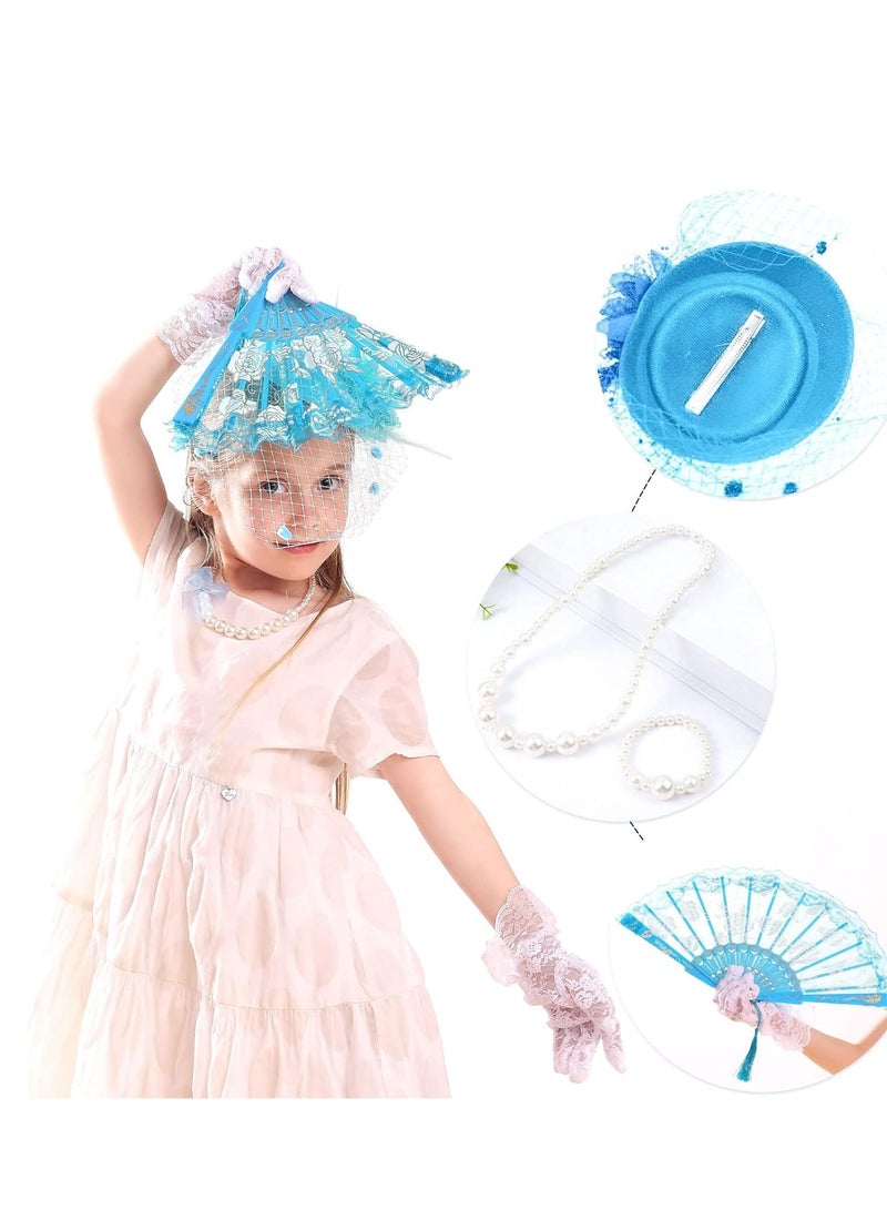 Zikra 5 Pcs Tea Party Favors Supplies Set Time Clips Pearl Necklaces Gloves Fans Fascinators Hats for Girl Decoration for Kids Girls Birthday Goodie Bag Gift - Image 3
