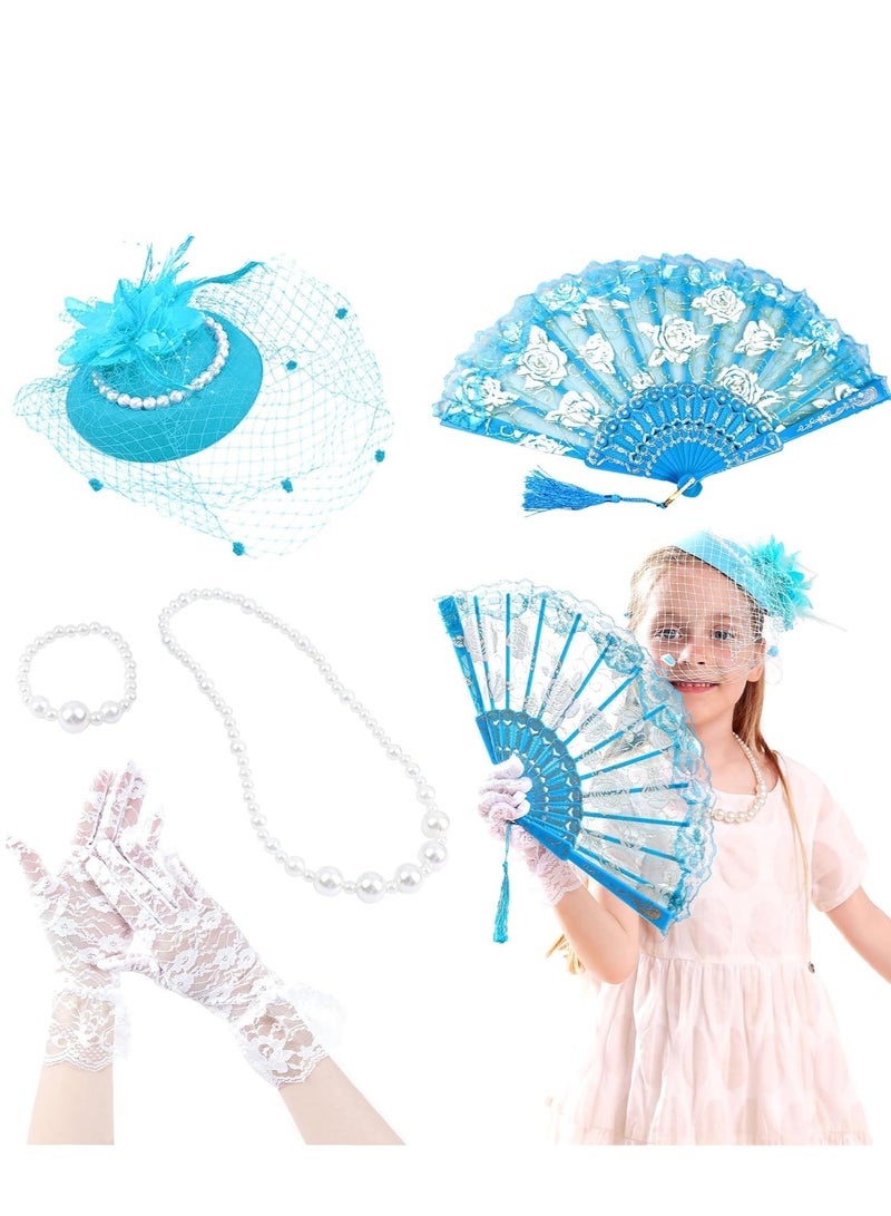 Zikra 5 Pcs Tea Party Favors Supplies Set Time Clips Pearl Necklaces Gloves Fans Fascinators Hats for Girl Decoration for Kids Girls Birthday Goodie Bag Gift - Image 1