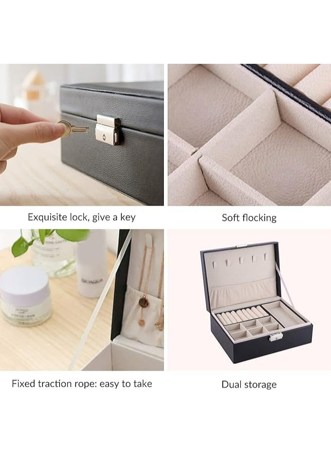 Generic - Jewellery Box 2 Layer Pu Leather Jewellery Boxes For Women Girls Teens Men's Jewelry Box Jewelry Organizer Box Jewelry Storage Box With Lock Removable Divider For Earring Ring Necklace Watch Black - Image 1