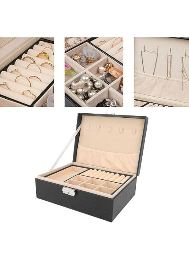 Generic - Jewellery Box 2 Layer Pu Leather Jewellery Boxes For Women Girls Teens Men's Jewelry Box Jewelry Organizer Box Jewelry Storage Box With Lock Removable Divider For Earring Ring Necklace Watch Black - Image 1