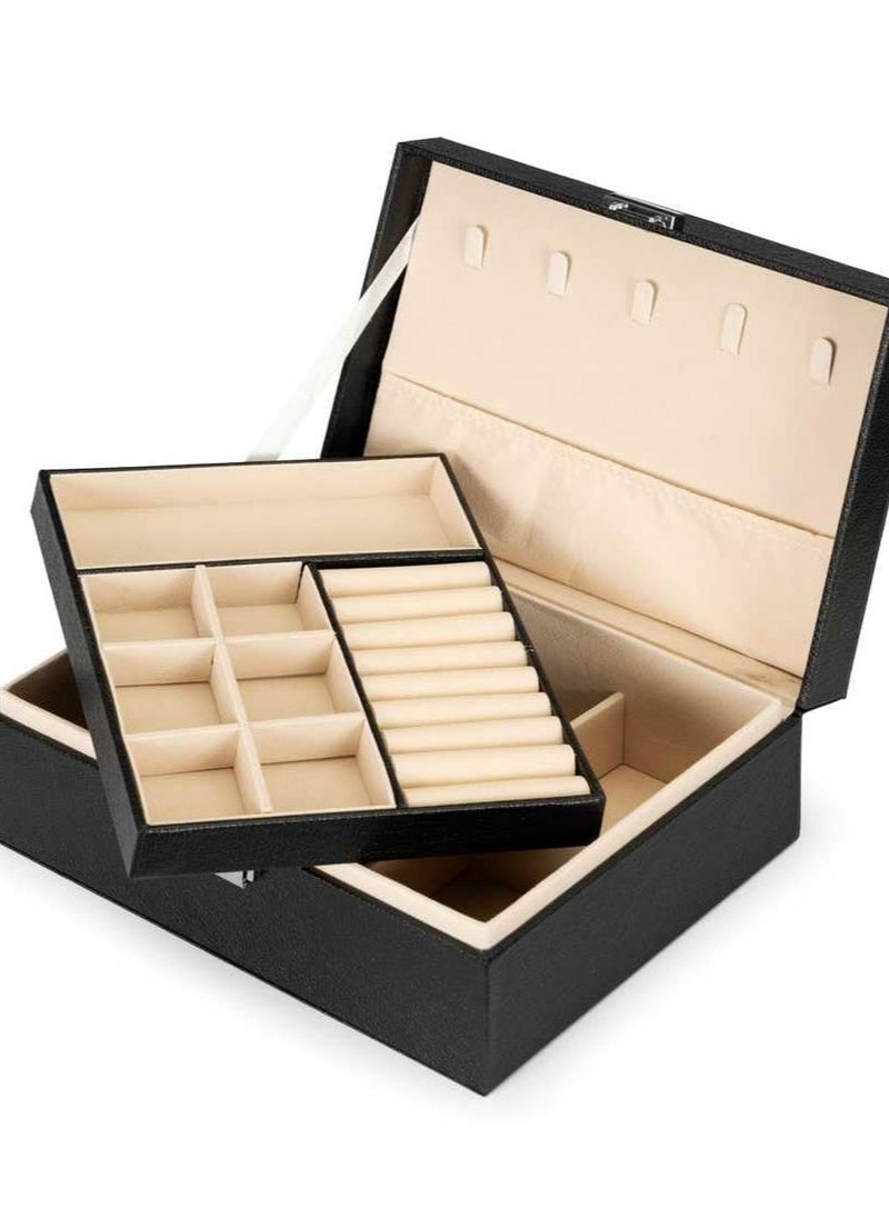 Generic - Jewellery Box 2 Layer Pu Leather Jewellery Boxes For Women Girls Teens Men's Jewelry Box Jewelry Organizer Box Jewelry Storage Box With Lock Removable Divider For Earring Ring Necklace Watch Black - Image 1