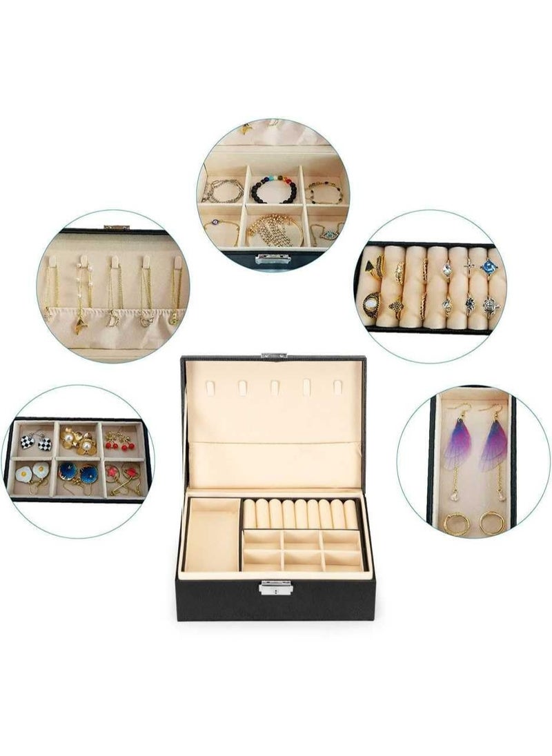 Generic - Jewellery Box 2 Layer Pu Leather Jewellery Boxes For Women Girls Teens Men's Jewelry Box Jewelry Organizer Box Jewelry Storage Box With Lock Removable Divider For Earring Ring Necklace Watch Black - Image 1