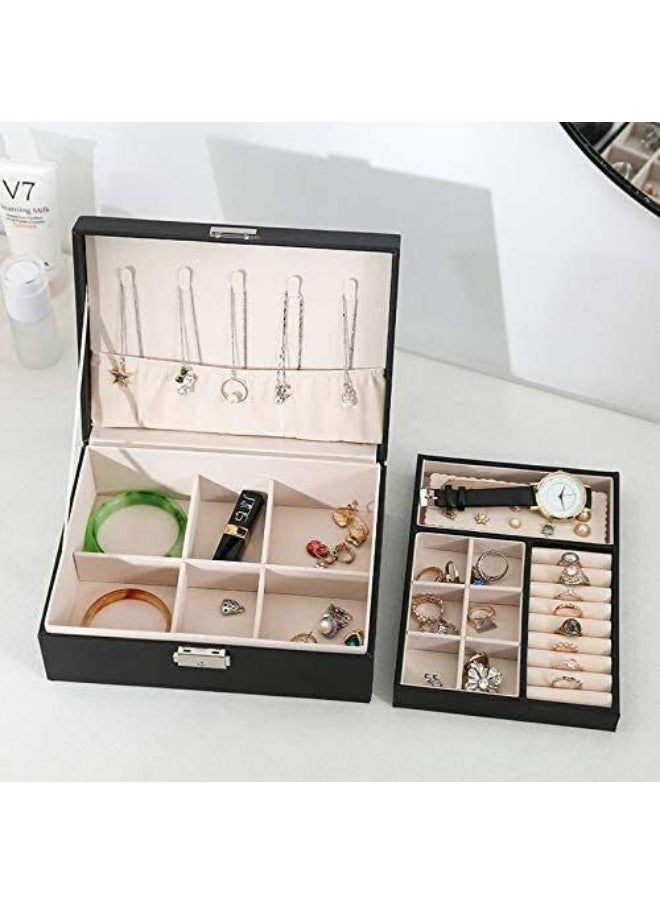 Generic - Jewellery Box 2 Layer Pu Leather Jewellery Boxes For Women Girls Teens Men's Jewelry Box Jewelry Organizer Box Jewelry Storage Box With Lock Removable Divider For Earring Ring Necklace Watch Black - Image 1