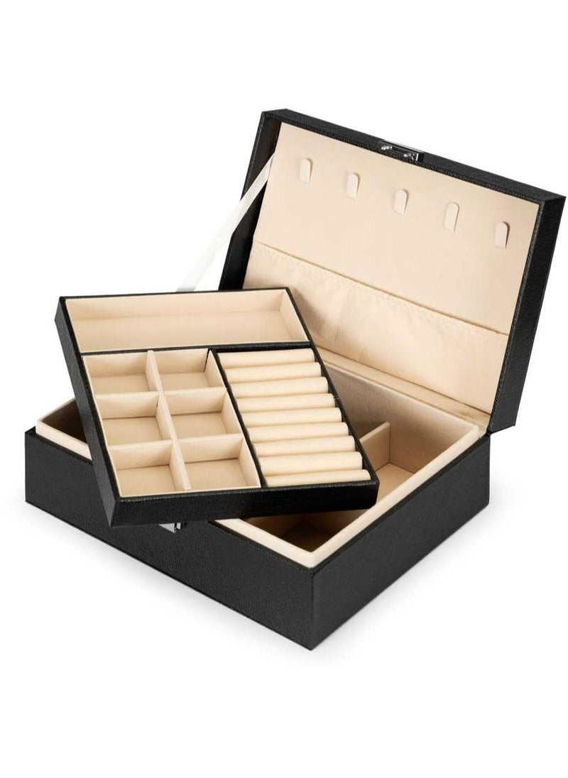 Generic - Jewellery Box 2 Layer Pu Leather Jewellery Boxes For Women Girls Teens Men's Jewelry Box Jewelry Organizer Box Jewelry Storage Box With Lock Removable Divider For Earring Ring Necklace Watch Black - Image 1